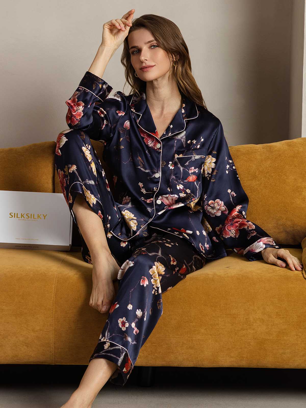 [Navy Floral] SilkSilky-UK Pure Silk Womens Pajamas 003