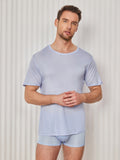 SilkSilky-UK Silk Knitted Short Sleeve Round Neck Men's T-Shirt LightBlue 001