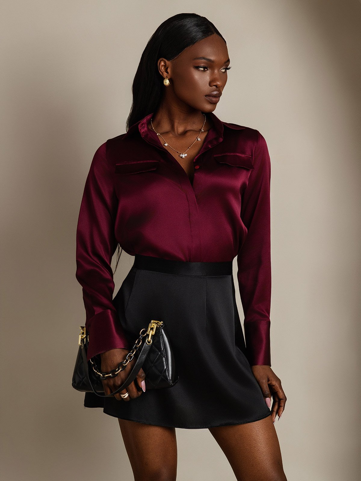 SilkSilky-UK 19Momme Silk Long Sleeve Collar Women's Shirt DarkRed 001