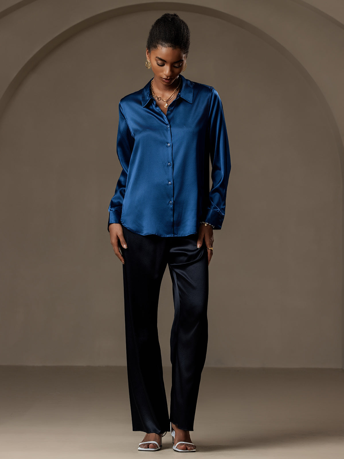 [Teal] SilkSilky-UK Silk Collar Women's Shirt 006
