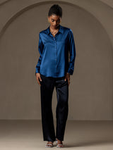 [Teal] SilkSilky-UK Long Sleeve Lapel Collar Women's Shirt 004