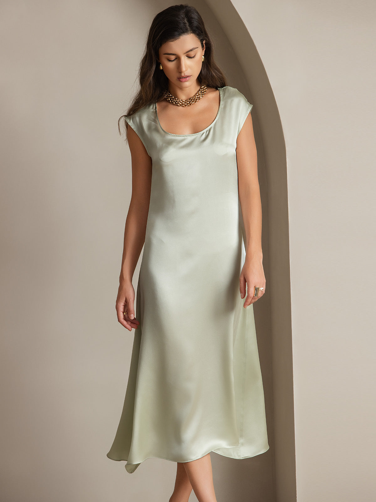 [Light Green] SilkSilky-UK 19Momme Silk Round Neck Dress 004