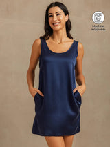 [Dark Blue] SilkSilky-UK 19Momme Machine-Washable Silk Sleeveless Scoop Neck Nightdress 001