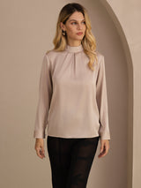 [Coffee] SilkSilky-UK Long Sleeve Stand Collar Women's Blouse 001