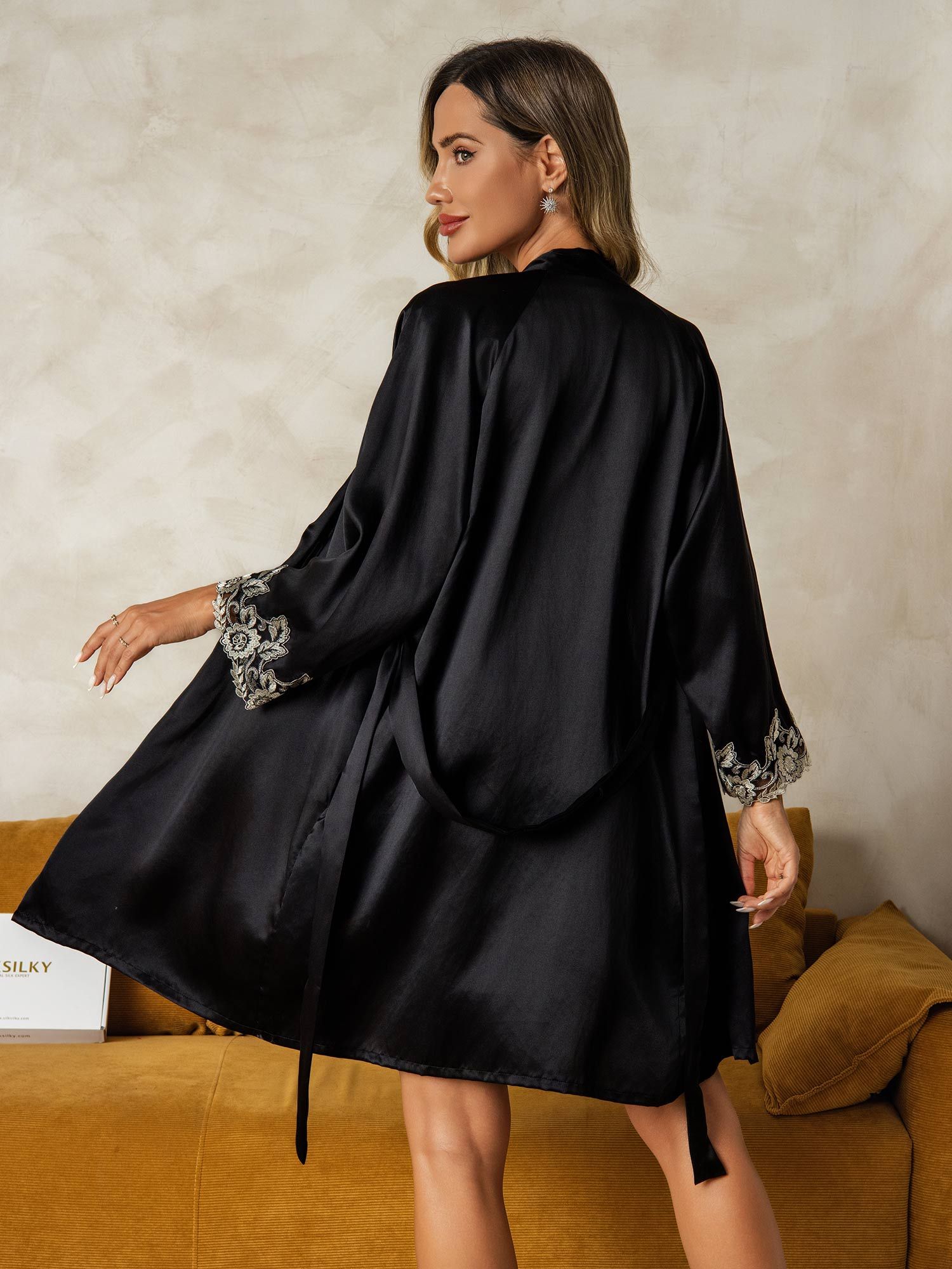 [Black] SilkSilky-UK Pure Silk V Neck Nightdress&Dressing gowns 002