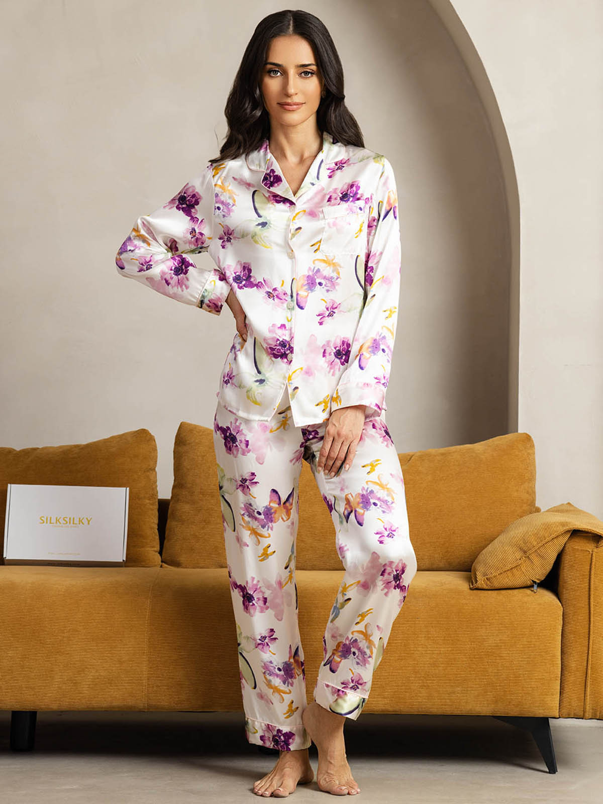 [Watercolor Floral] SilkSilky-UK Pure Silk Womens Pajamas 004