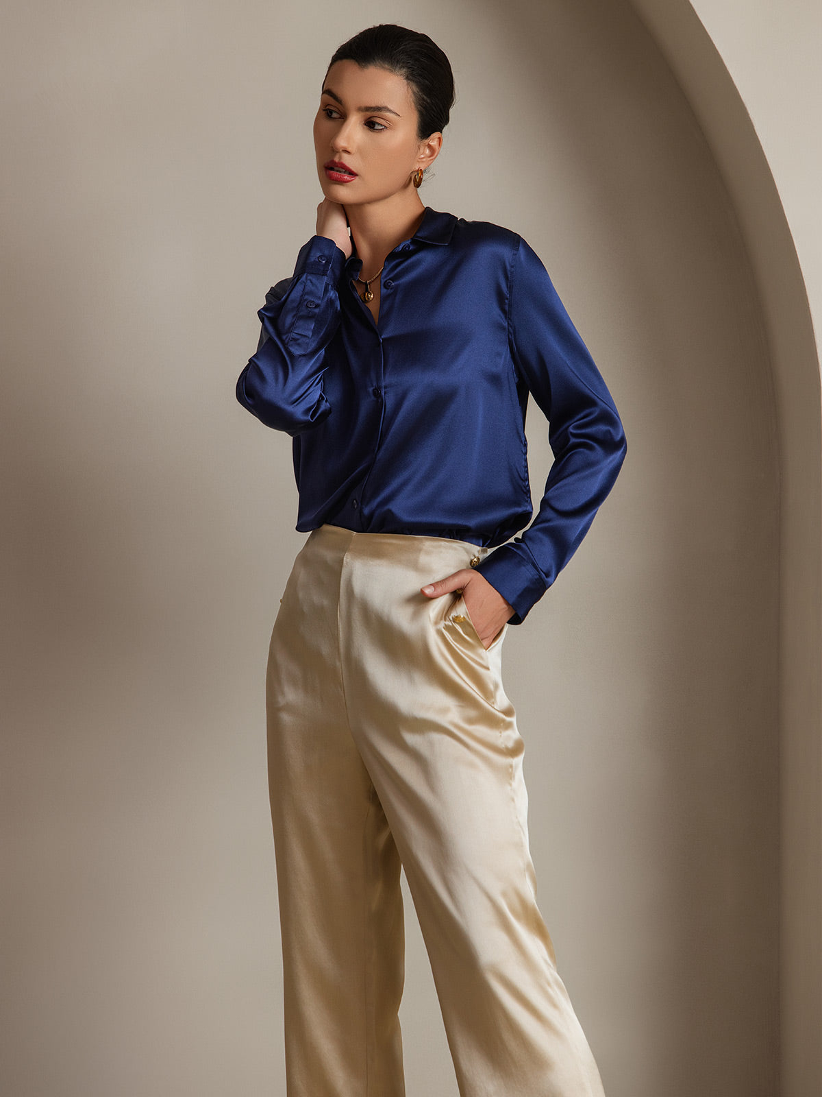 [Dark Blue] SilkSilky-UK Silk Long Sleeve Collar Women's Shirt 007