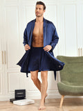 SilkSilky UK Pure Silk 3/4 Sleeve Lapel Men's Dressing Gown DarkBlue 005