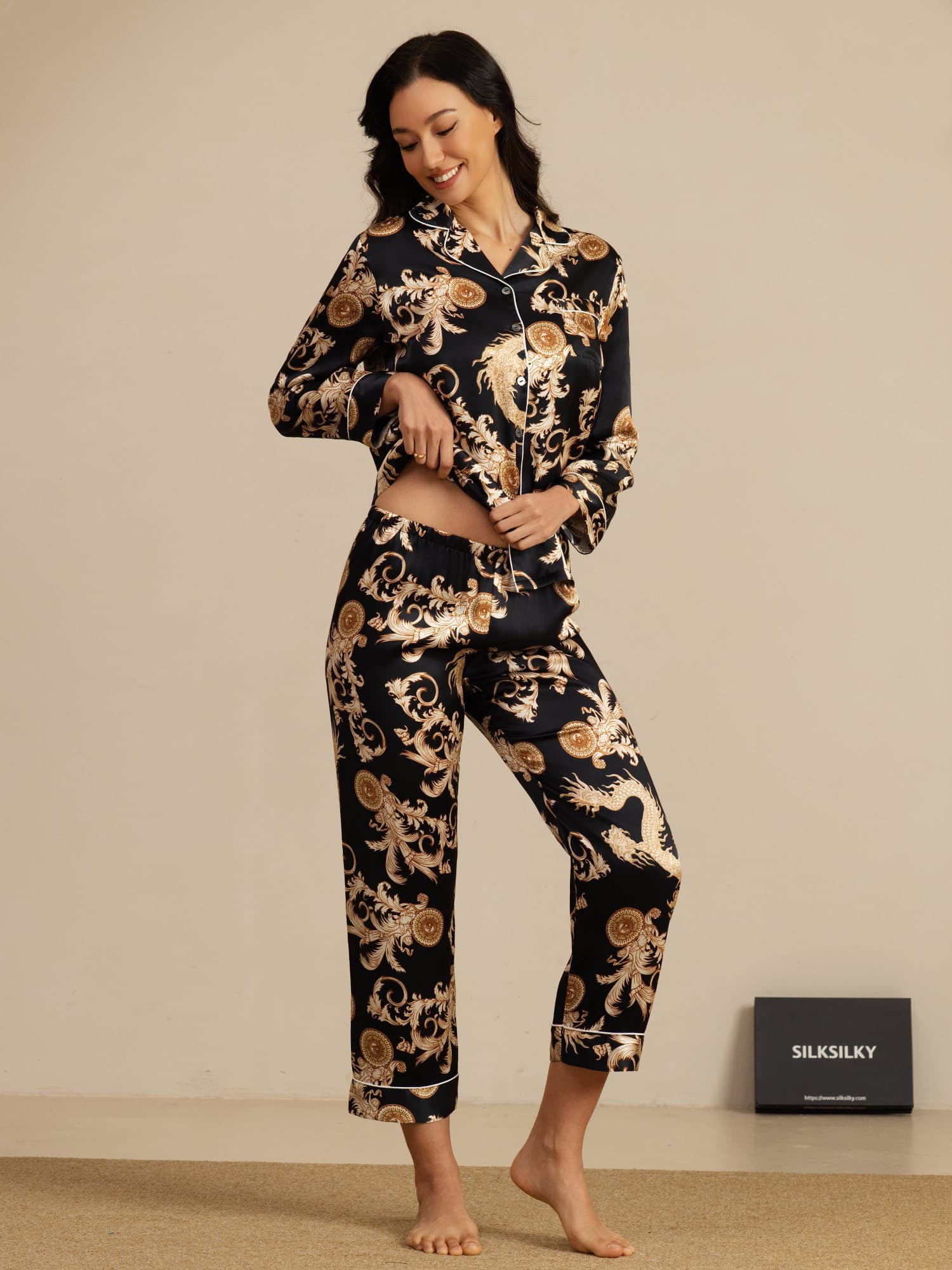 [Black Dragon] SilkSilky-UK Long Sleeve Notch Collar Women's Pyjamas 003