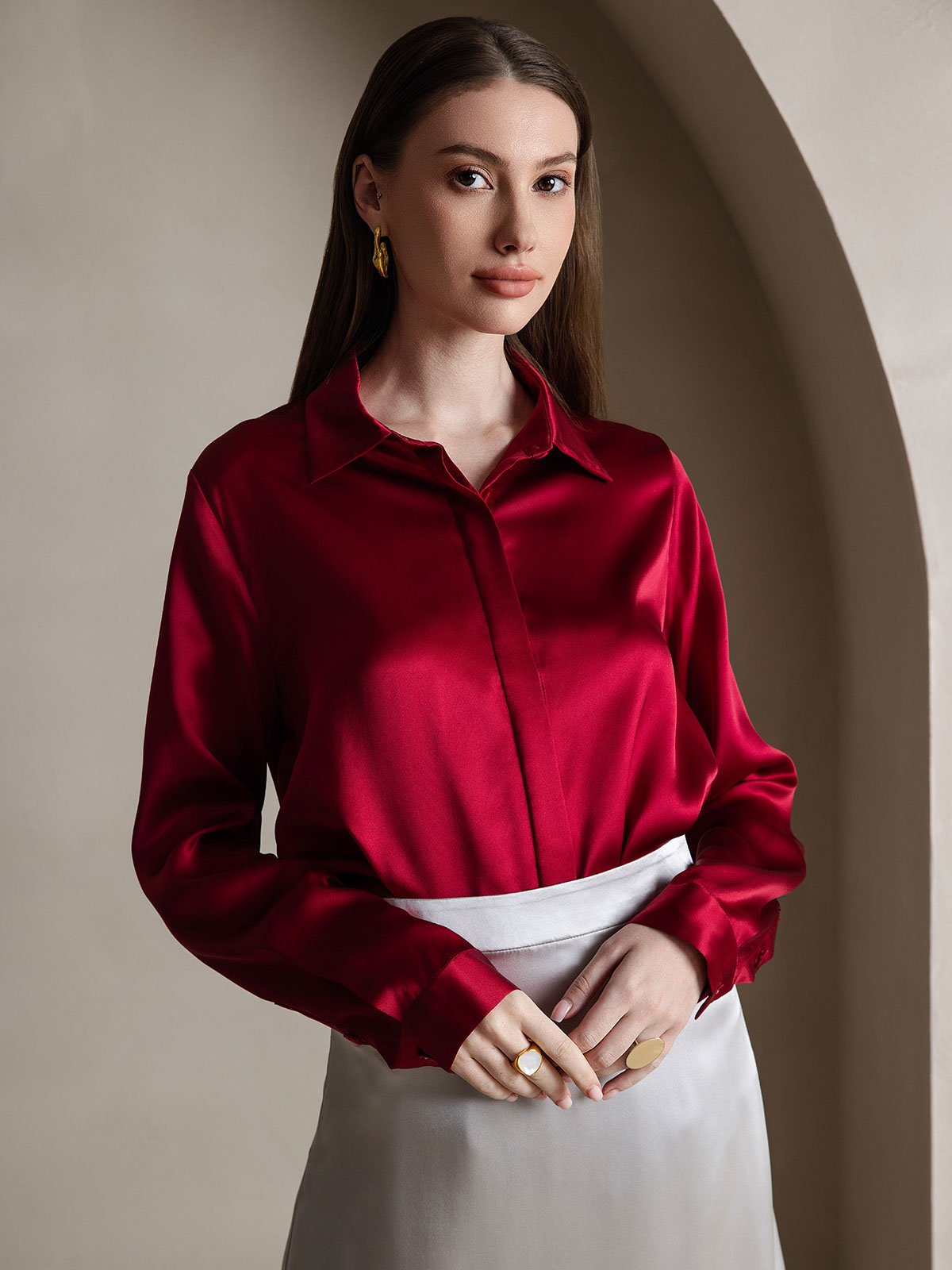 SilkSilky UK 19Momme Silk Long Sleeve Collar Women's Shirt Wine 003