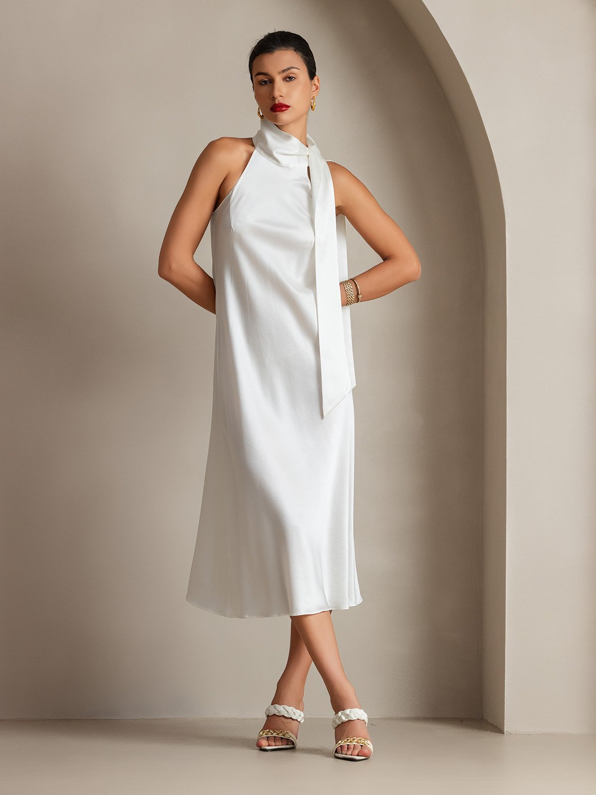 [White] SilkSilky-UK 19Momme Silk Sleeveless Tie Neck Dress 004