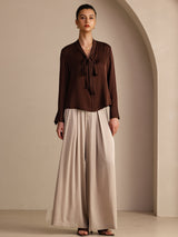[Bitter Chocolate] SilkSilky-UK Long Sleeve Tie Neck Women's Blouse 006