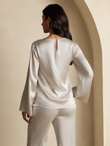 [Light Gray] SilkSilky-UK 19Momme Stretch Silk Charmeuse Long Sleeve Boat Neck Blouse 002
