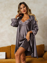 [Purple Gray] SilkSilky-UK 3/4 Sleeve V Neck Nightdress&Dressing gowns 001