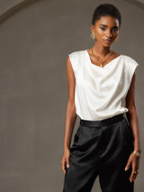 [White] SilkSilky-UK Cap Sleeve Cowl Neck Women's T-Shirt 005