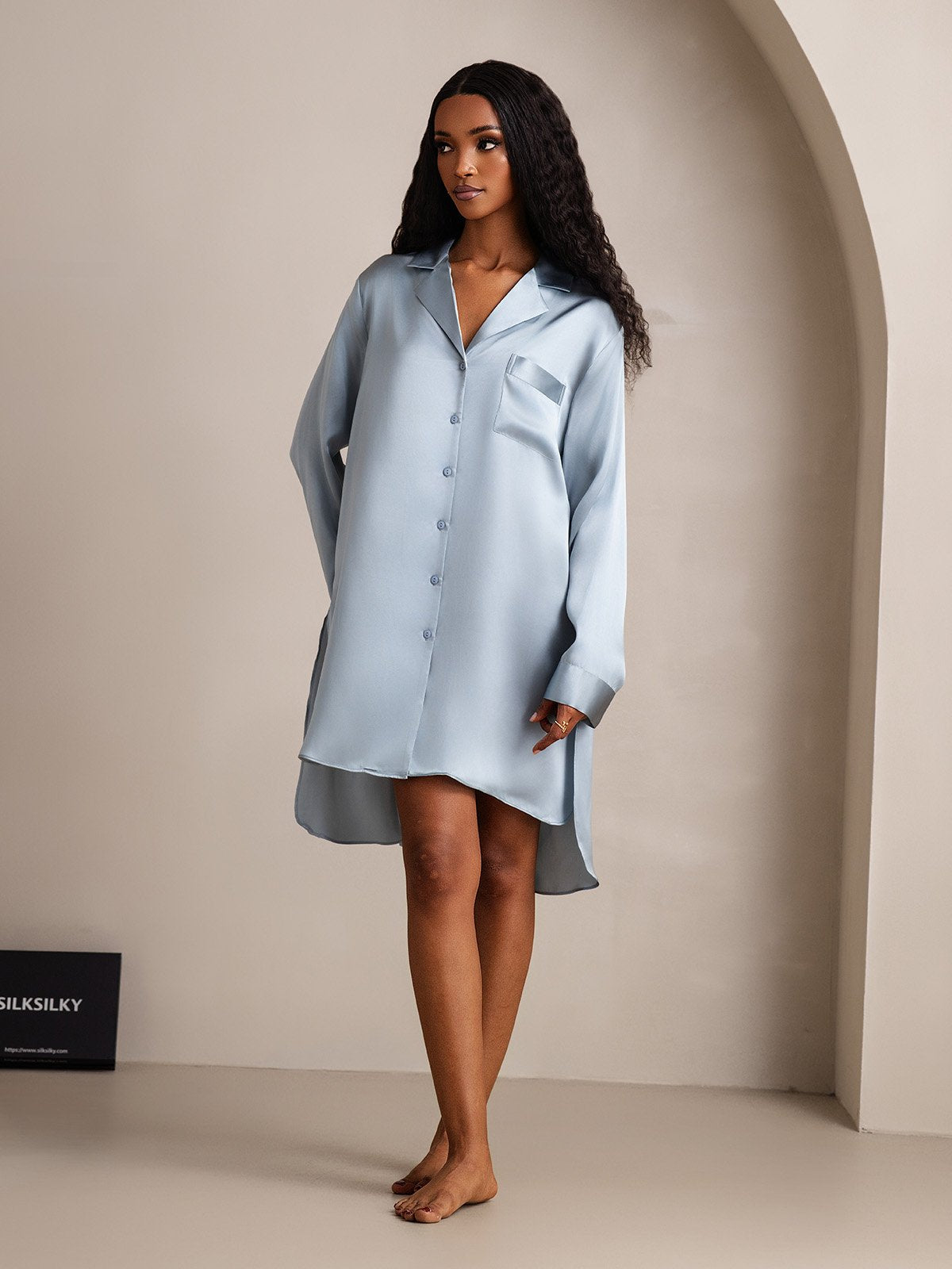 [GrayishBlue] SilkSilky-UK Pure Silk Collar Nightdress 004