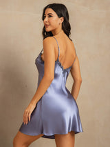 [Steel Blue] SilkSilky-UK Spaghetti Strap V Neck Nightdress 002