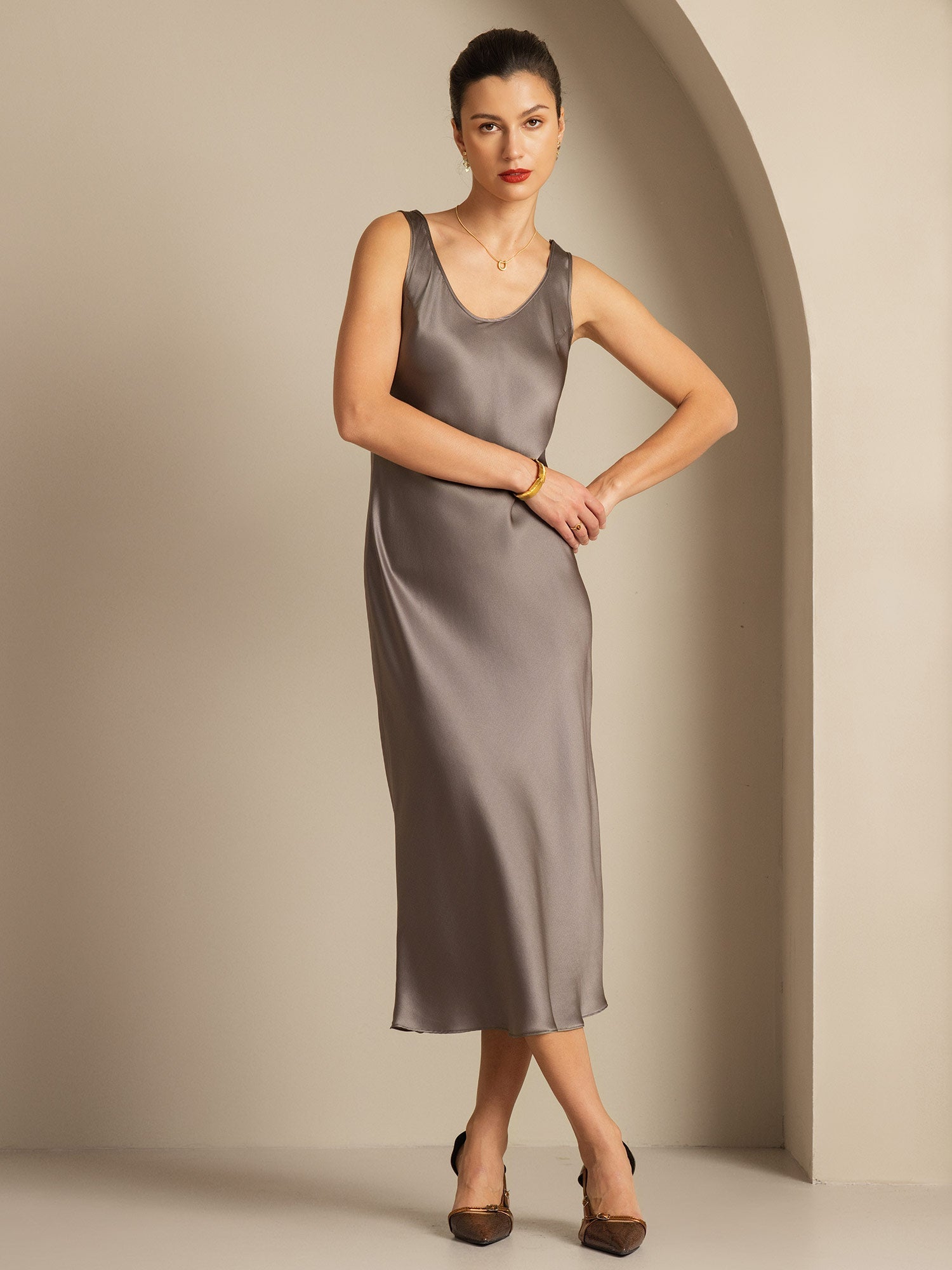 [Dark Khaki] SilkSilky-UK Pure Silk Boat Neck Dress 003,
