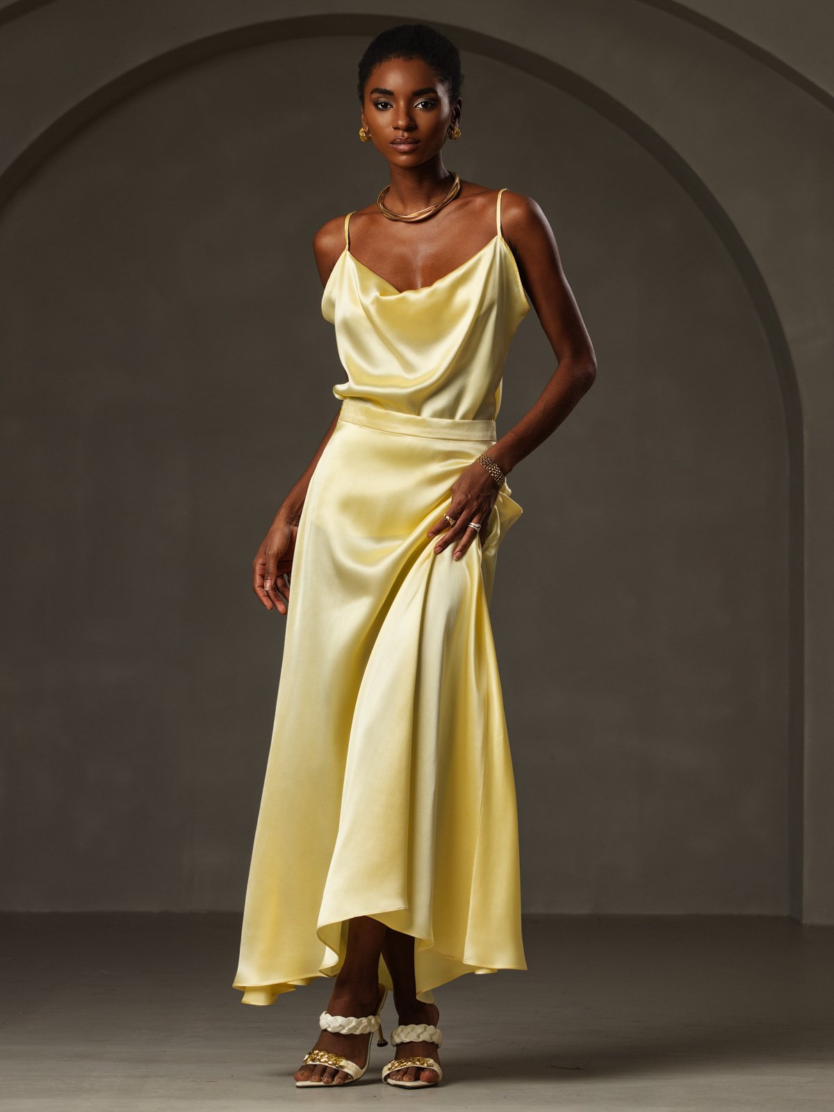 [Yellow] SilkSilky-UK 19Momme Stretch Silk Charmeuse Spaghetti Strap Cowl Neck Camisole 005