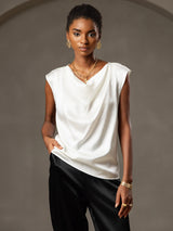 [White] SilkSilky-UK Cap Sleeve Cowl Neck Women's T-Shirt 004