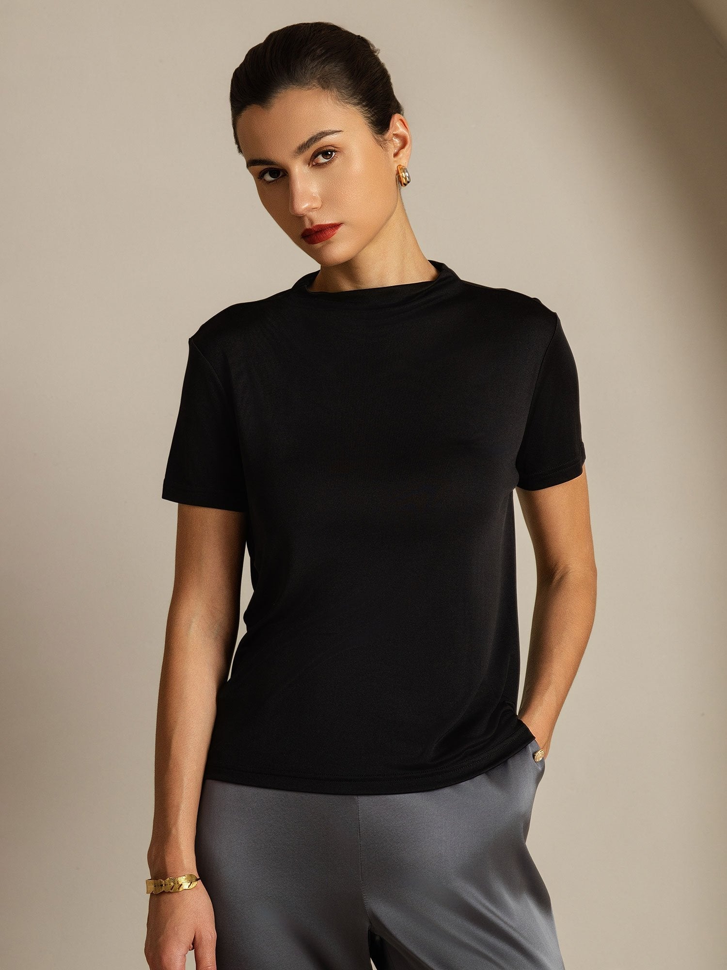 [Black] SilkSilky-UK Pure Silk Collar Women's T-Shirt 001