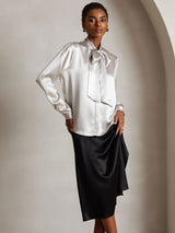 [Light Gray] SilkSilky-UK 19Momme Stretch Silk Charmeuse Long Sleeve Tie Neck Blouse 004
