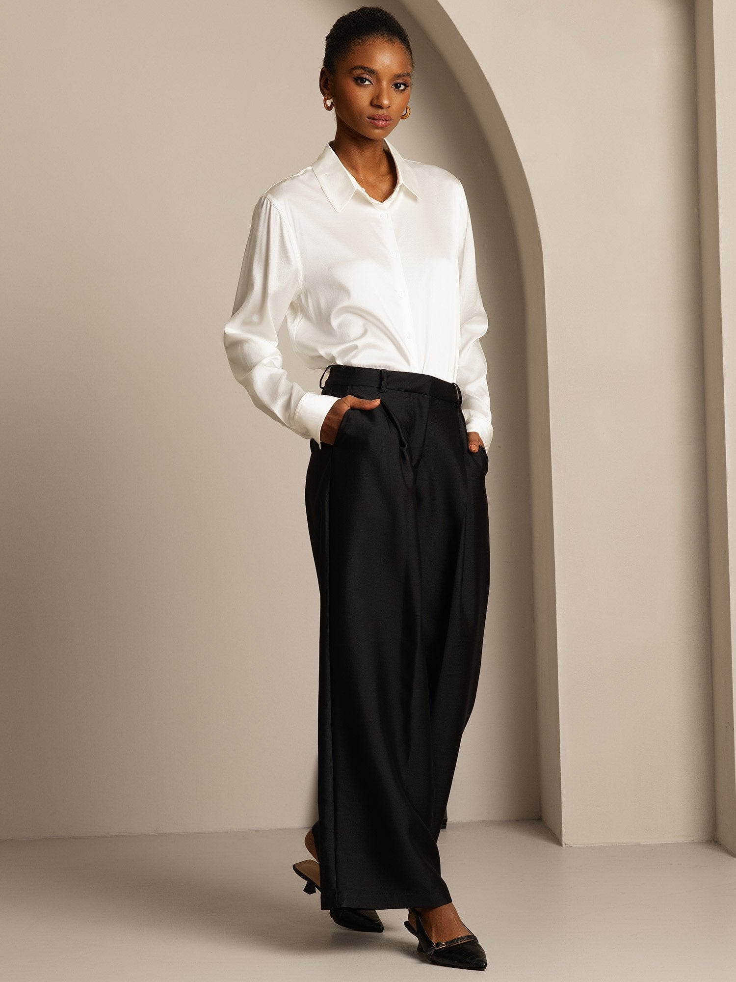 [Black] SilkSilky-UK 32Momme Silk-Wool Blend Womens Pants 006,