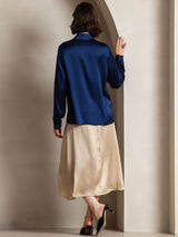 [Dark Blue] SilkSilky-UK Long Sleeve Lapel Collar Women's Shirt 002