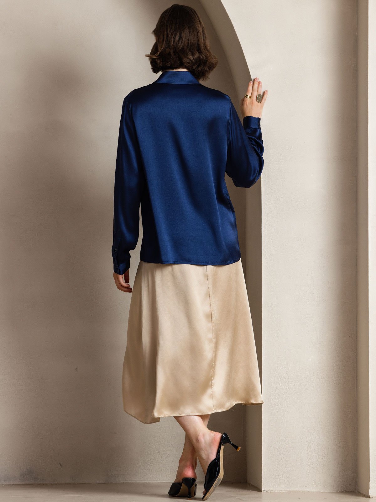 [Dark Blue] SilkSilky-UK Long Sleeve Lapel Collar Women's Shirt 002