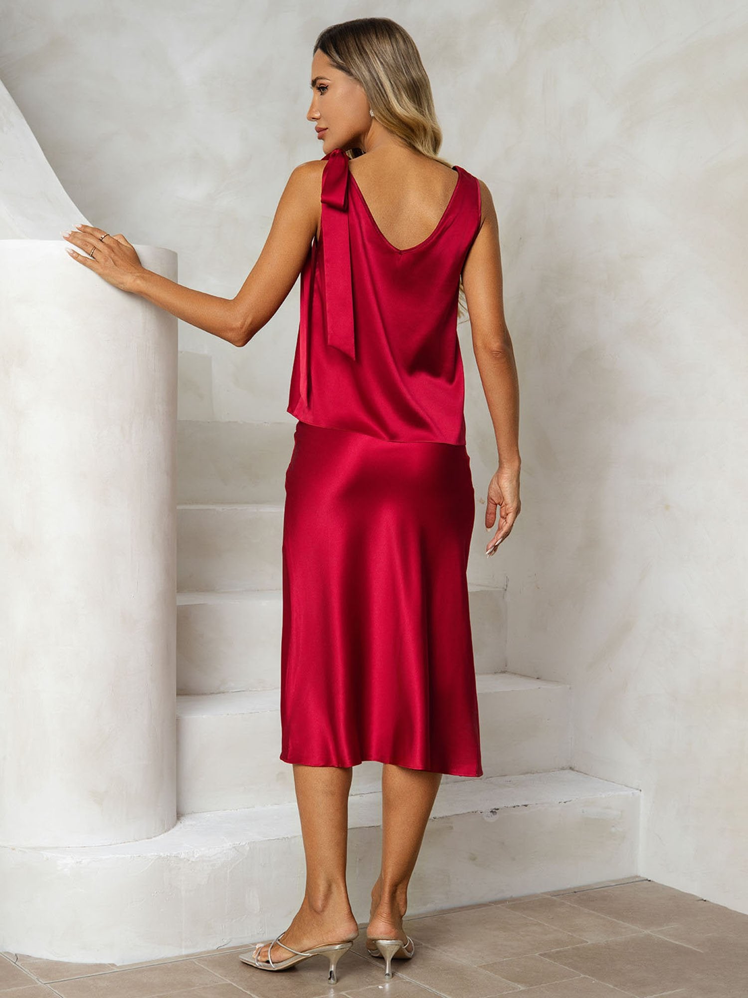 [Wine] SilkSilky-UK 19Momme Silk V Neck Women''s Outfit Sets 002