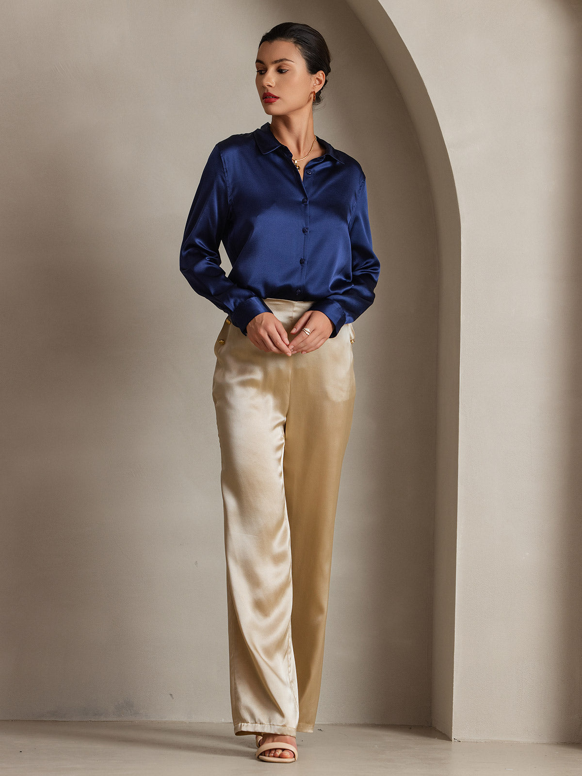 [Dark Blue] SilkSilky-UK Silk Long Sleeve Collar Women's Shirt 009