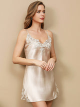 [Beige] SilkSilky-UK Spaghetti Strap V Neck Nightdress 003