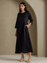 [Black] SilkSilky-UK 3/4 Sleeve Round Neck Dress 006