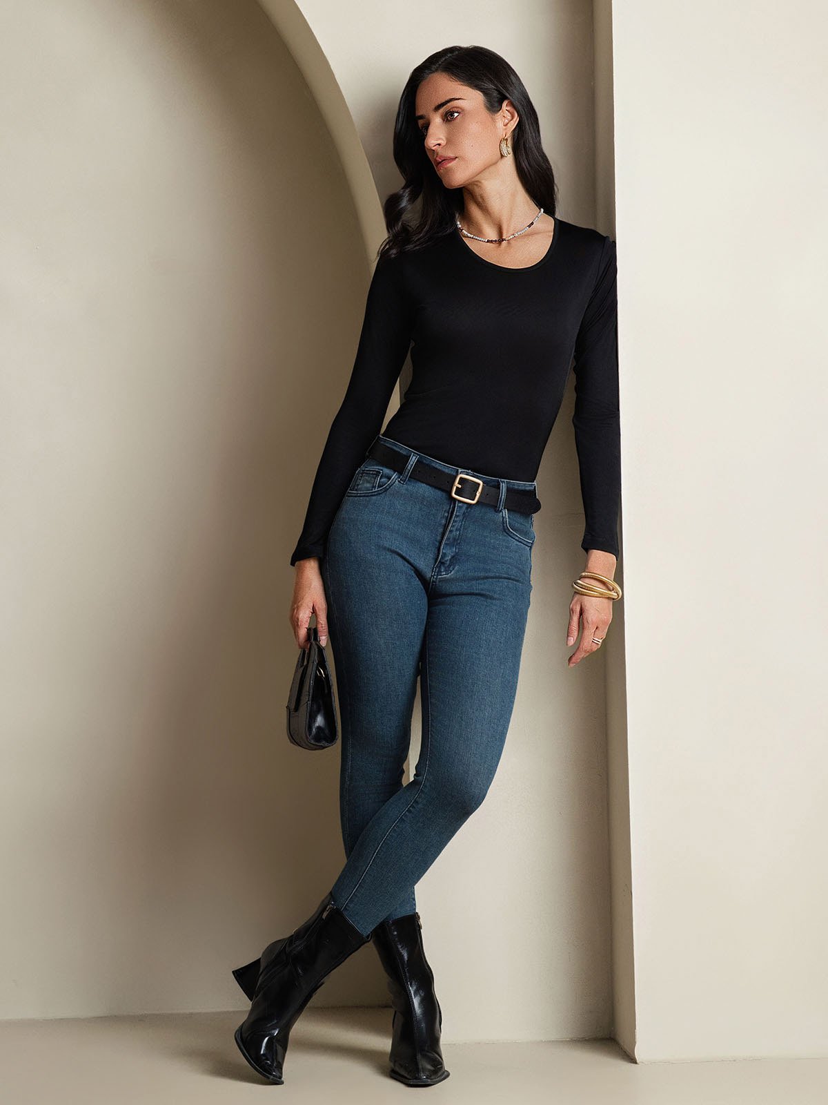 [Black] SilkSilky-UK Silk Long Sleeve Round Neck Women's T-Shirt 005