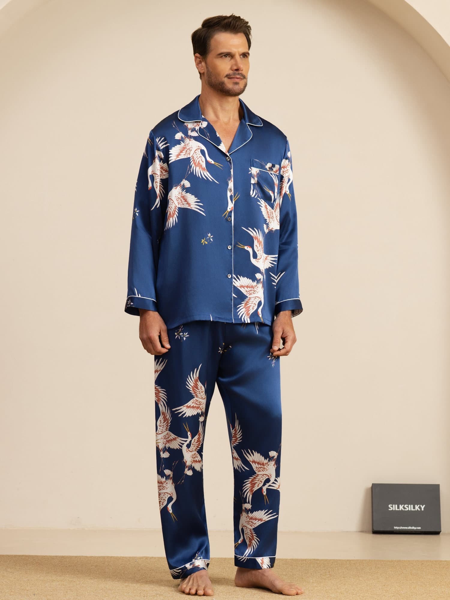 [Dark Blue] SilkSilky-UK 19Momme Long Sleeve Notch Collar Men's Pyjamas 003
