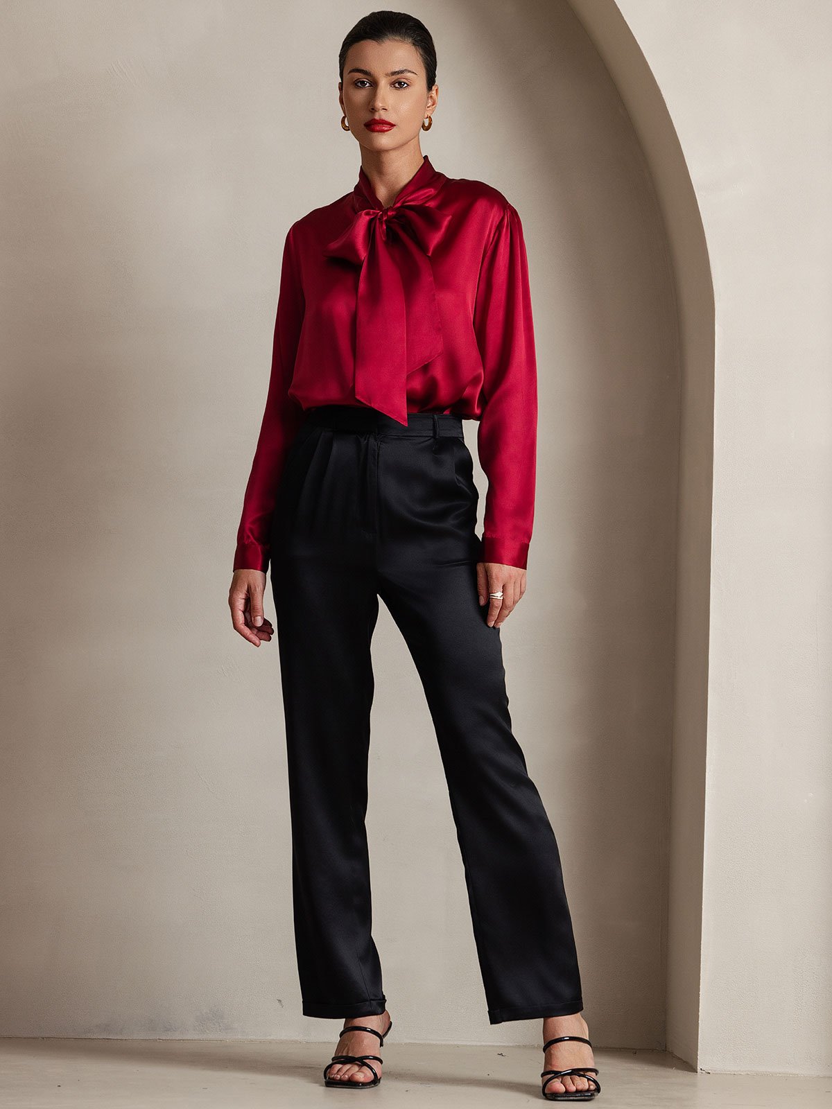 [Wine] SilkSilky-UK 19Momme Silk Long Sleeve Tie Neck Women's Shirt 003