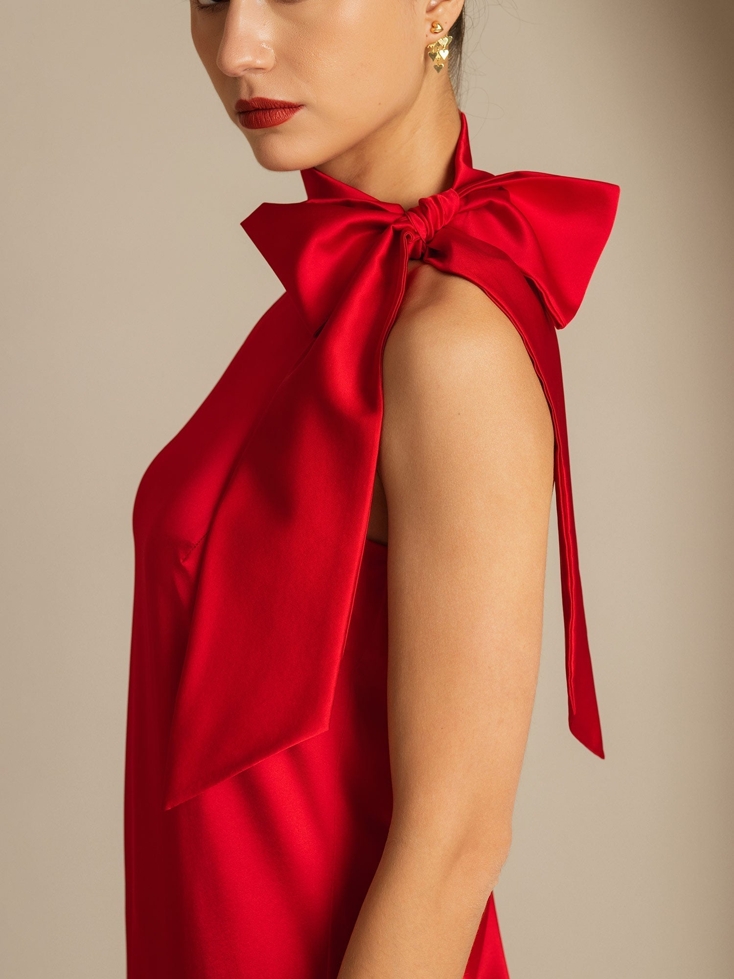 [Red] SilkSilky-UK 19Momme Silk Tie Neck Dress 004,