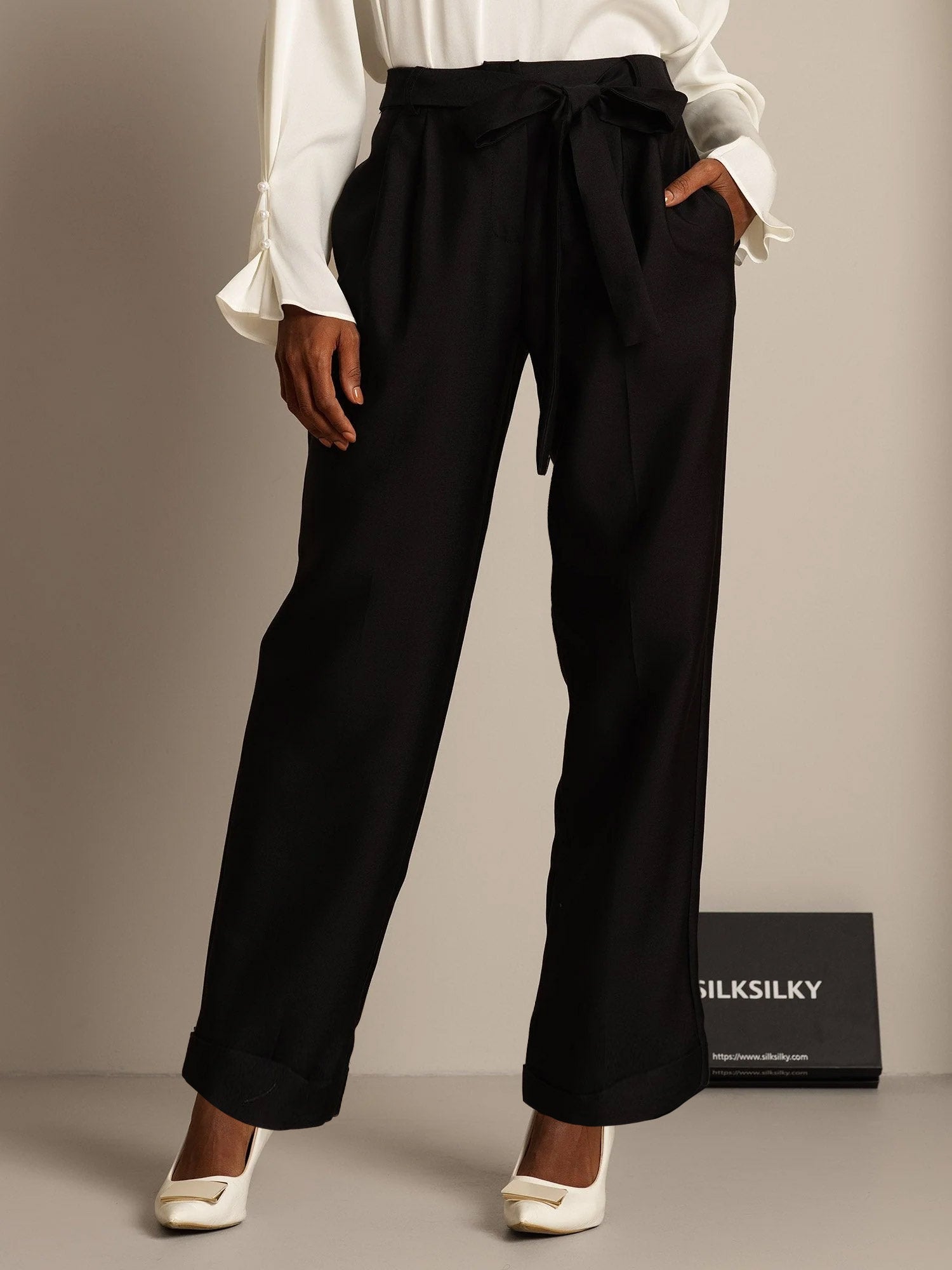 [Black] SilkSilky-UK 32Momme Silk-Wool Blend Womens Pants 006,