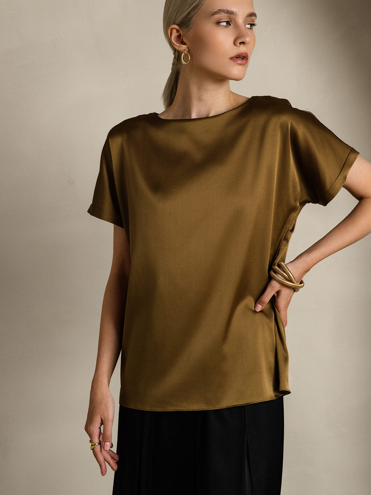 [Brown] SilkSilky-UK 19Momme Silk Short Sleeve Round Neck Women's T-Shirt 005