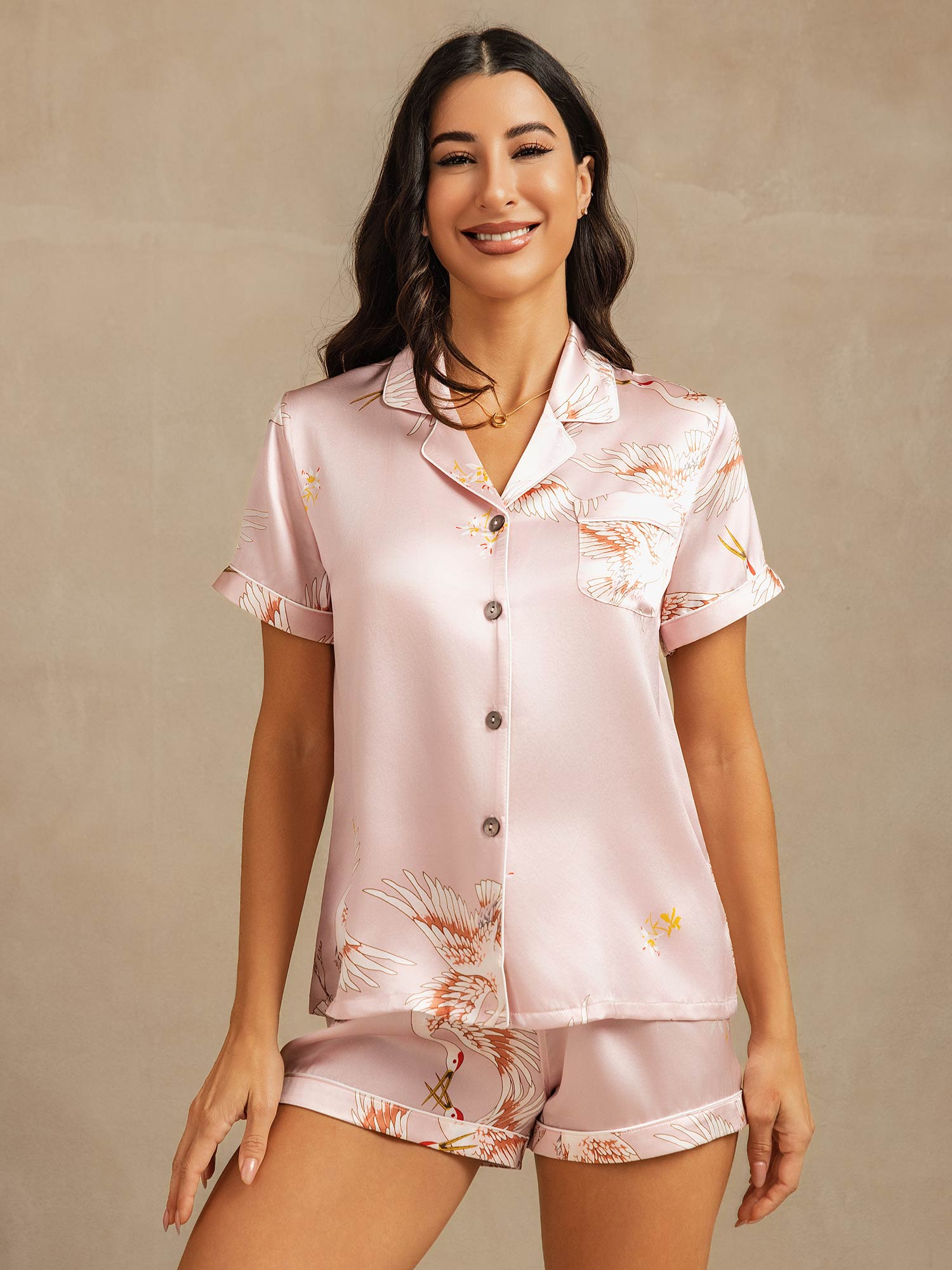 [Pink] SilkSilky-UK 19Momme Pure Silk Short Sleeve Notch Collar Women's Pyjamas 001