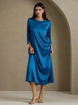 [Teal] SilkSilky-UK 3/4 Sleeve Round Neck Dress 007