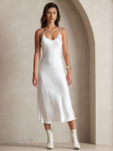 [White] SilkSilky-UK Spaghetti Strap V Neck Dress 004