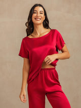 [Wine] SilkSilky-UK 19Momme Machine-Washable Silk Short Sleeve Women's Pyjamas 008