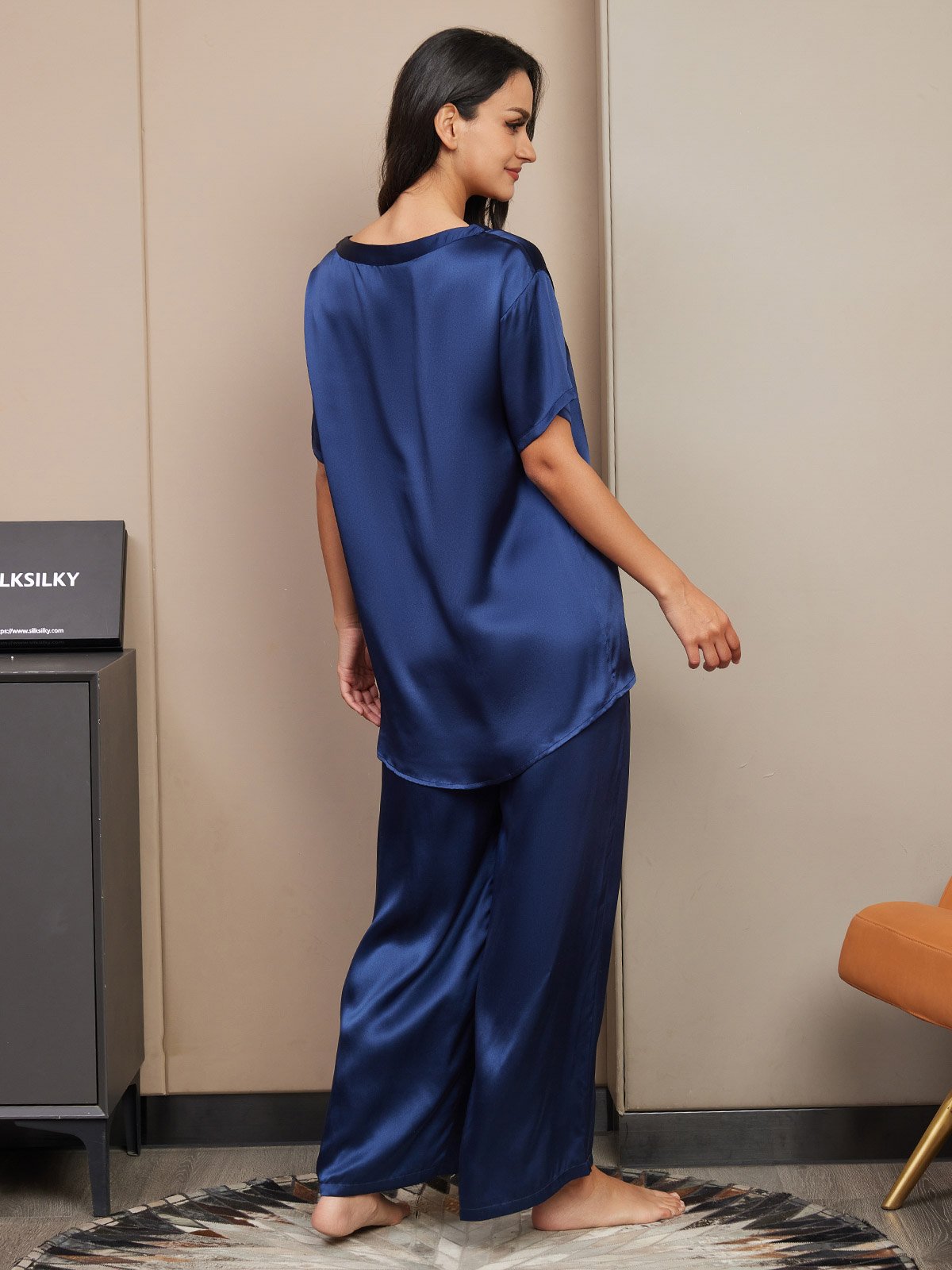 [Dark Blue] SilkSilky-UK Pure Silk Short Sleeve Womens Pajamas 002