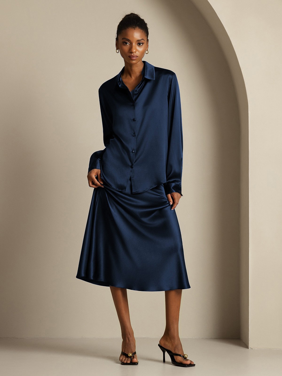 [Dark Blue] SilkSilky-UK 19Momme Silk Knitted Collar Women''s Outfit Sets 007,