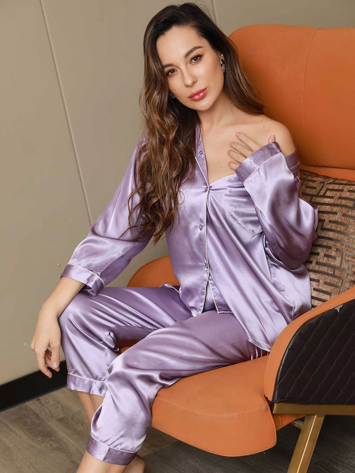 SilkSilky-UK Pure Silk Long Sleeve Lapel Women's Pyjamas Lavender 001