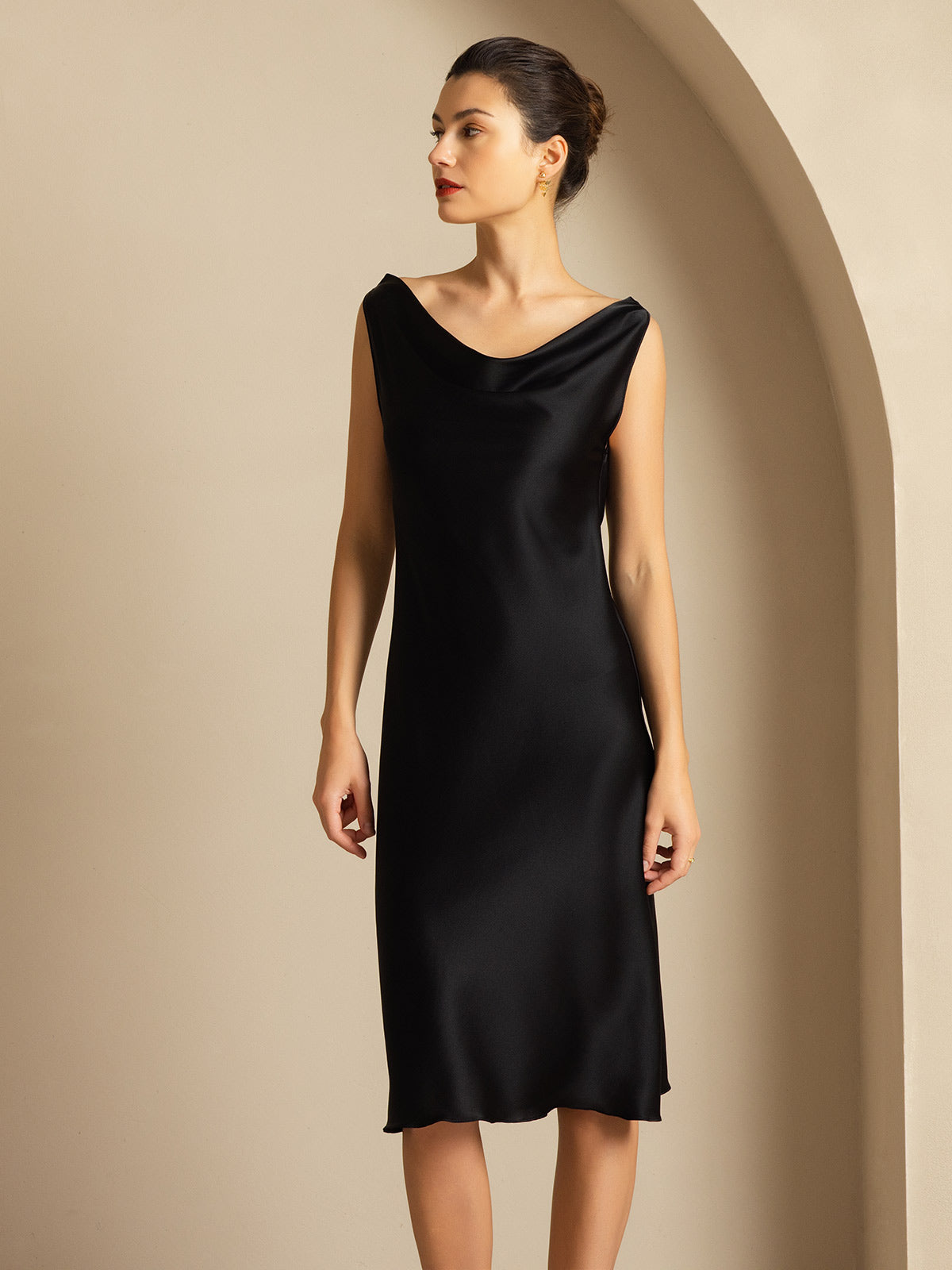 [Black] SilkSilky-UK 19Momme Silk Cowl Neck Dress 007