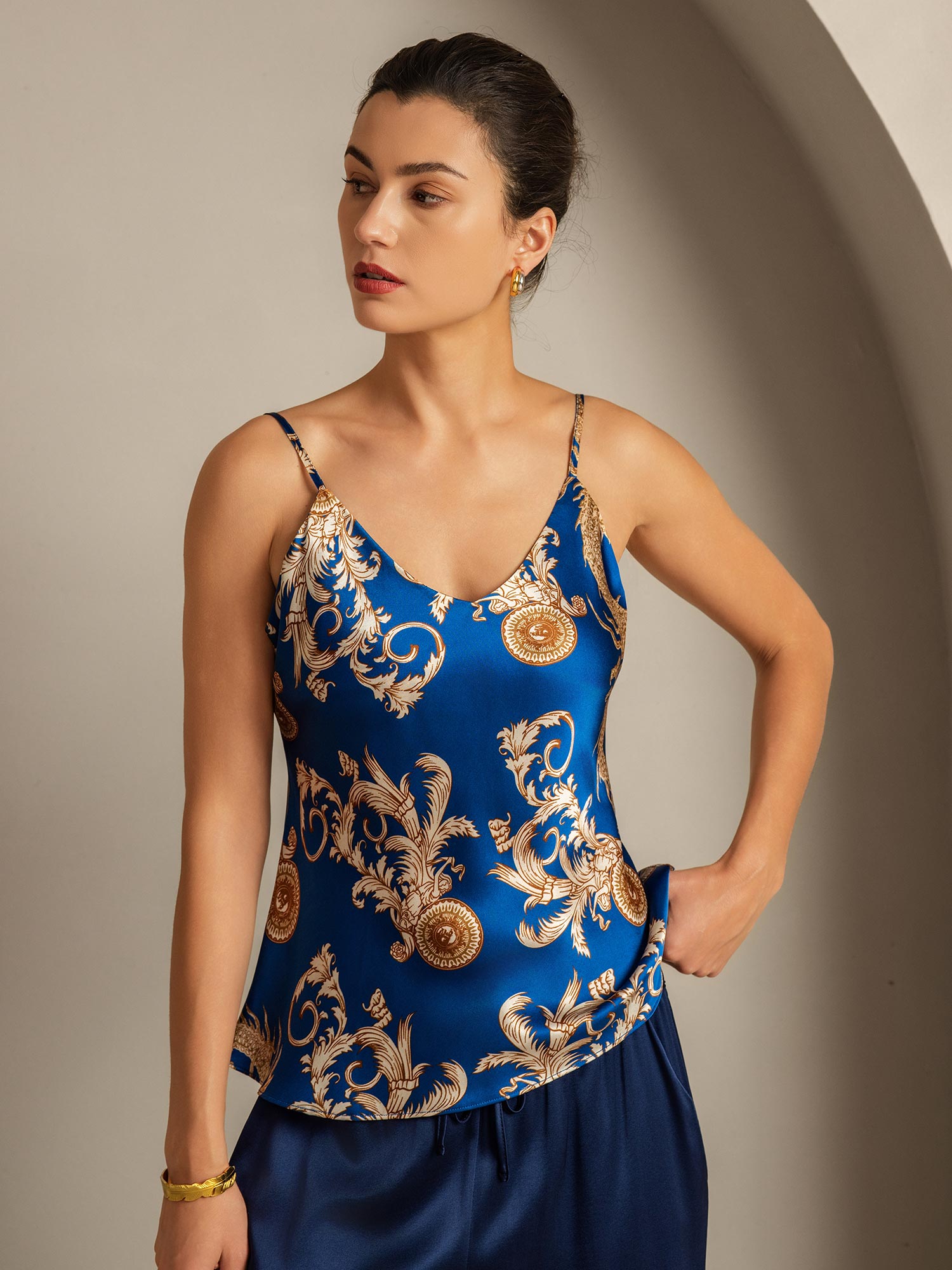 [Navy Dragon] SilkSilky-UK Pure Silk V Neck Camisole 001,