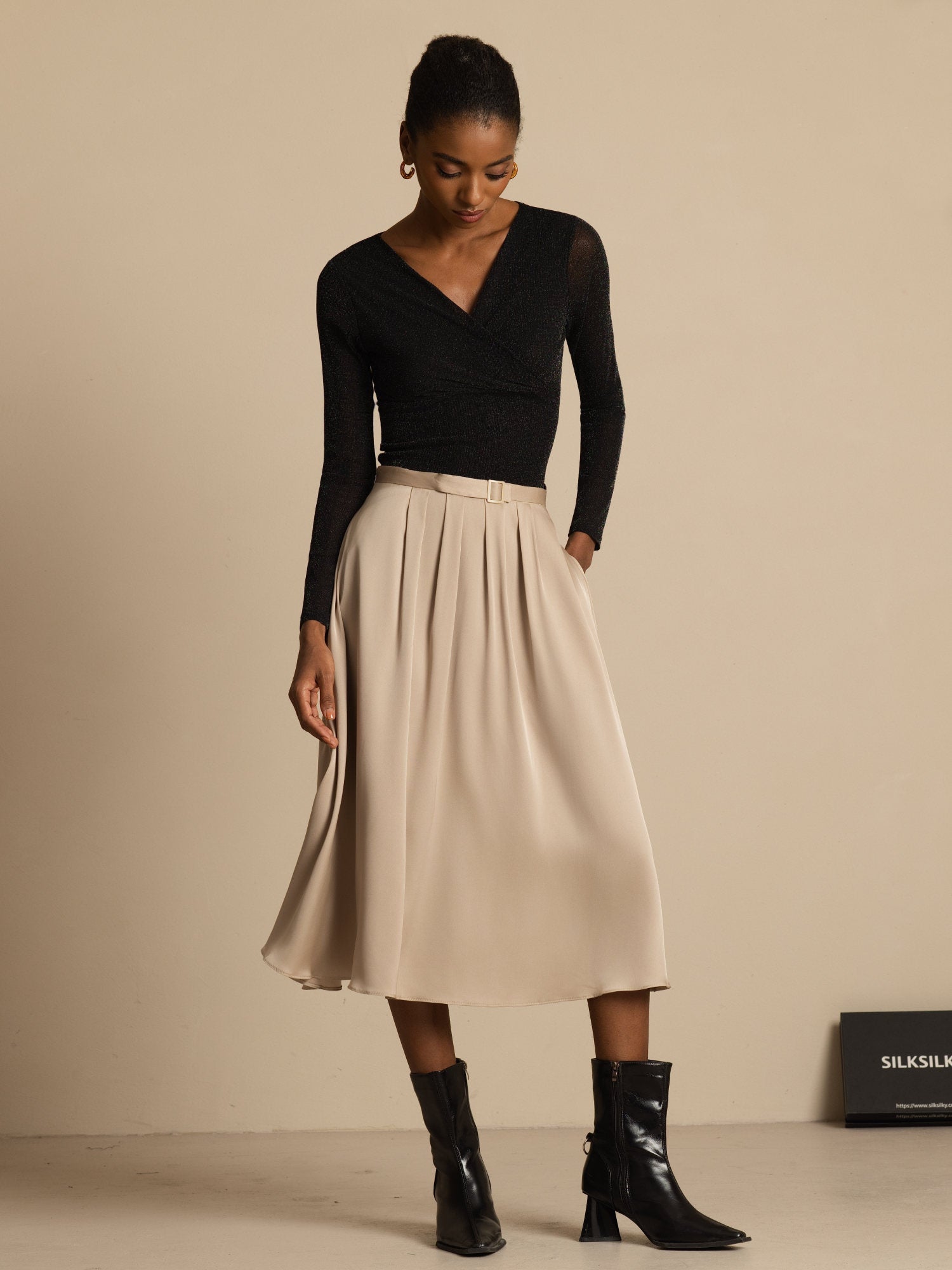 [Tan] SilkSilky-UK 19Momme Stretch Silk Double Georgette Skirt 006