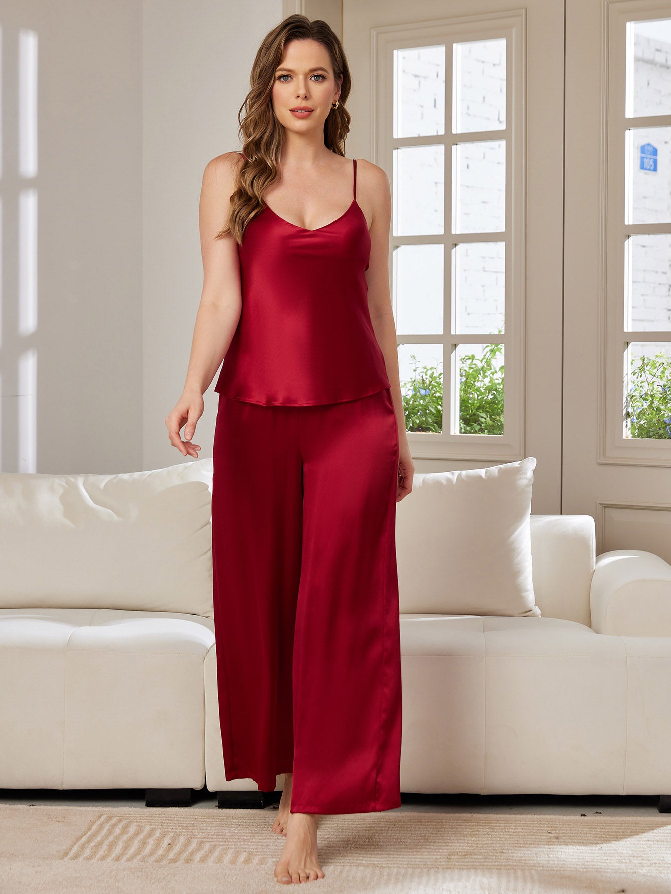 SilkSilky UK Pure Silk Sleeveless V Neck Camisole Set Wine 003